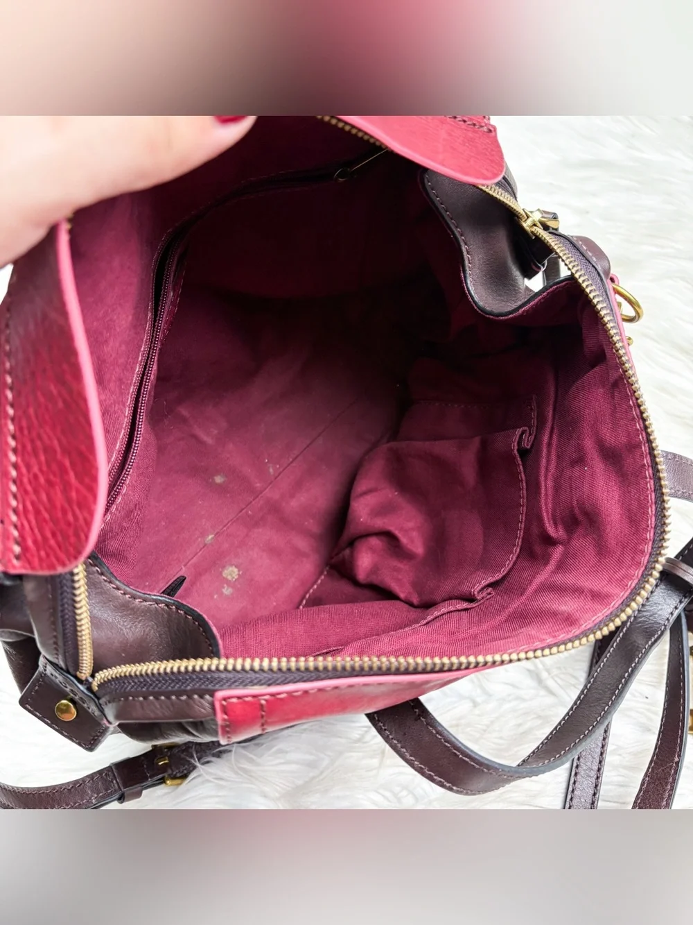Fossil Emma Satchel Maroon Red Brown Cow Hide Leather Crossbody Bag Purse